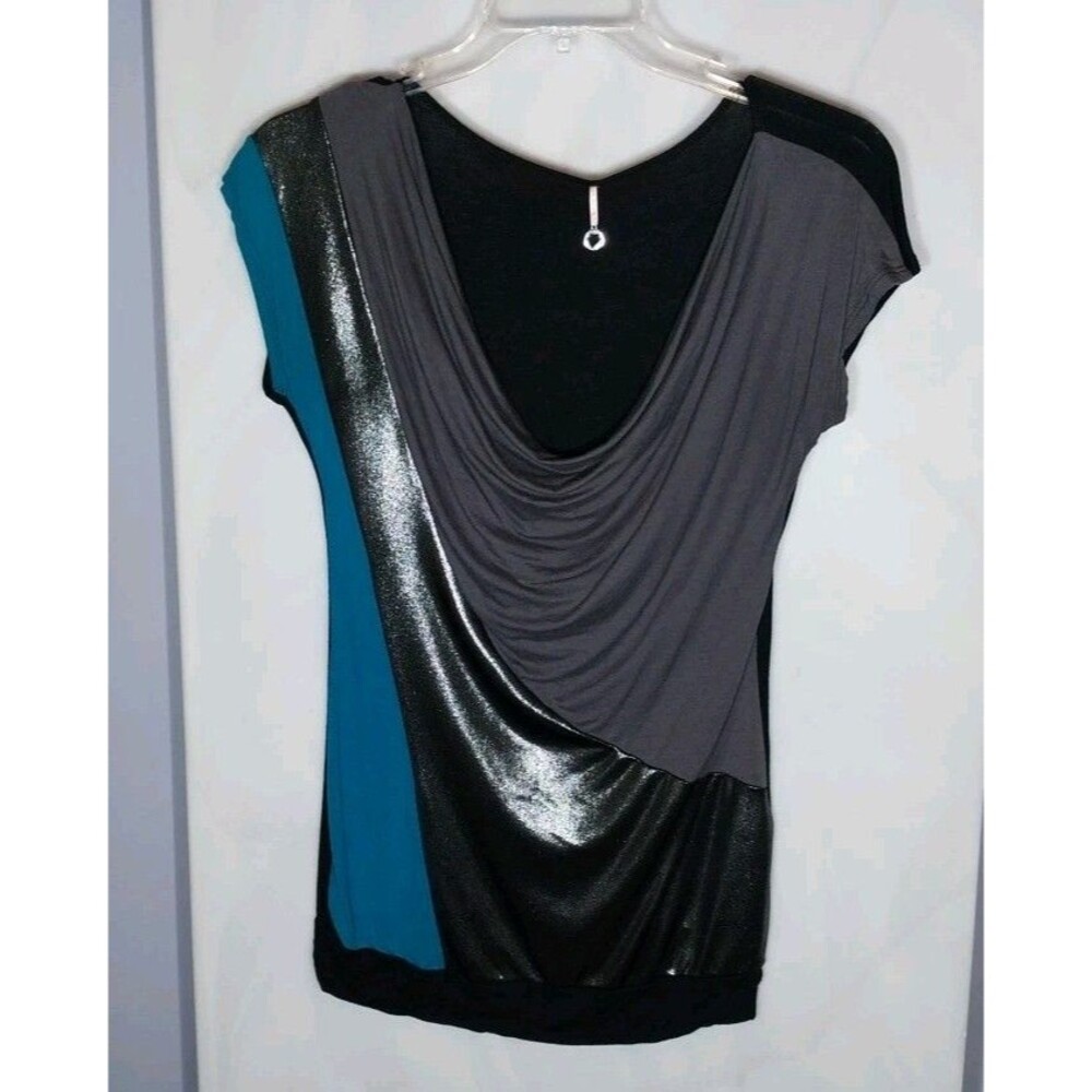 Y2K Colorblock Tunic Top Women's M Black Blue Cowl Neck Metallic Drape Robin K
